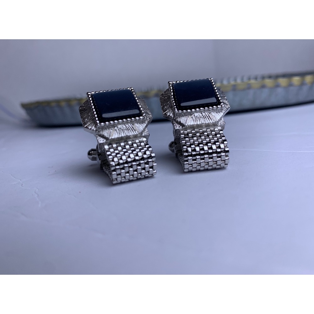 Vintage Silver Tone Mesh Wrap Cufflinks Black Square Stone Mid Century Modern